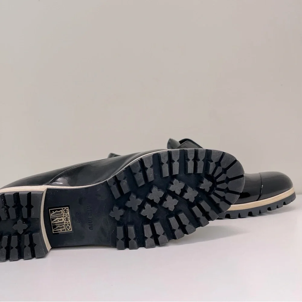 Miu Miu Black Patent Leather Derby Loafers Size 37.5 quiet luxury modern preppy